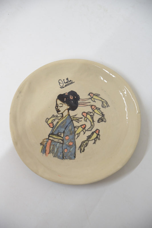 Plate Hand-Made with Asian women and koi fish